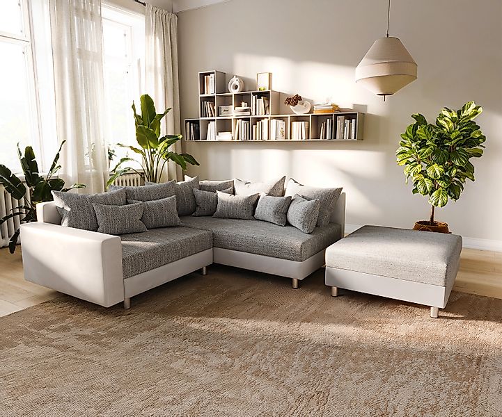 Ecksofa Clovis Weiss Hellgrau modular Hocker Armlehne Ottomane Rechts günstig online kaufen