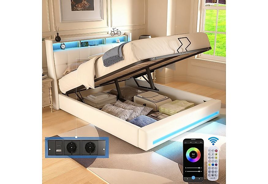 oyajia Polsterbett Doppelbett mit LED Licht 140x200cm,Hydraulisch anhebbare günstig online kaufen