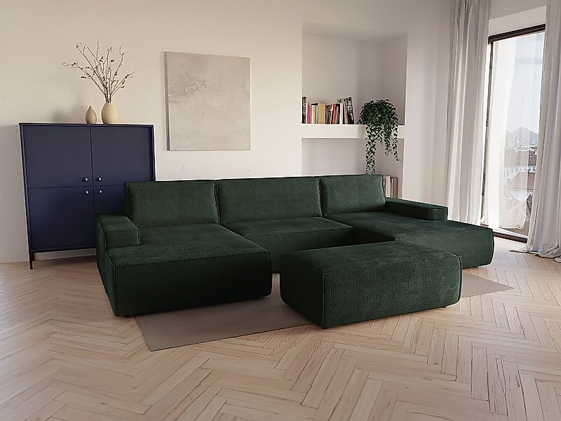 Große Wohnlandschaft mit Schlaffunktion - Cord - Tannengrün - AMELIA günstig online kaufen