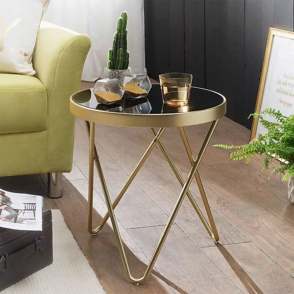 Sofa Glastisch in Schwarz und Goldfarben rund günstig online kaufen