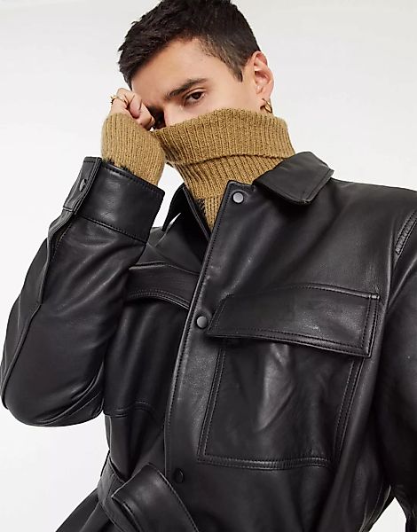 ASOS DESIGN – Oversize-Hemdjacke mit Gürtel aus Leder in Schwarz günstig online kaufen