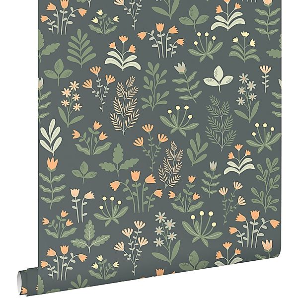 ESTAhome Tapete Feldblumen Graugrün und Orange 50 x 900 cm günstig online kaufen
