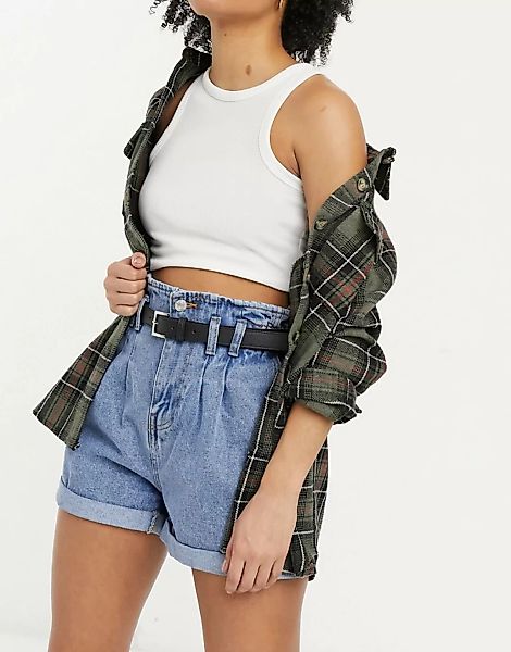 New Look – Jeansshorts mit Paperbag-Taille in Blau günstig online kaufen