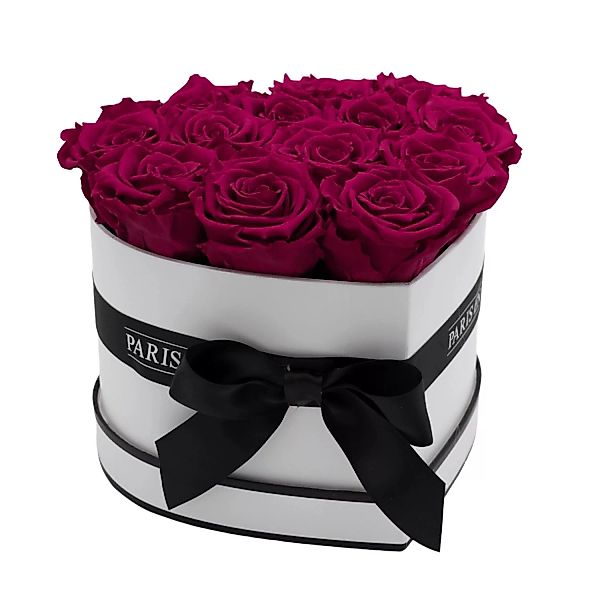 Rosenbox Herz Weiß mit Schleife und 8 Pinke Rosen günstig online kaufen