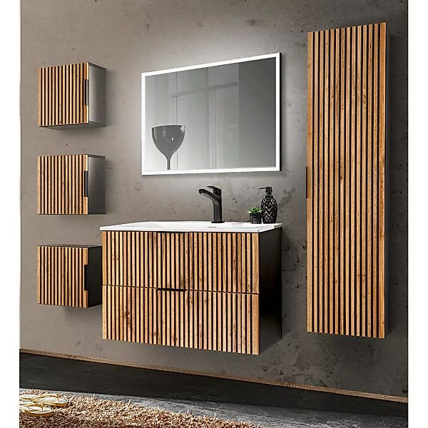 Badezimmer Komplett Set mit Waschtisch 81 cm schwarz gerillt XANTEN-56 in a günstig online kaufen
