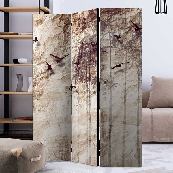 Hoher Paravent in Beige und Braun Vogel Motiv günstig online kaufen