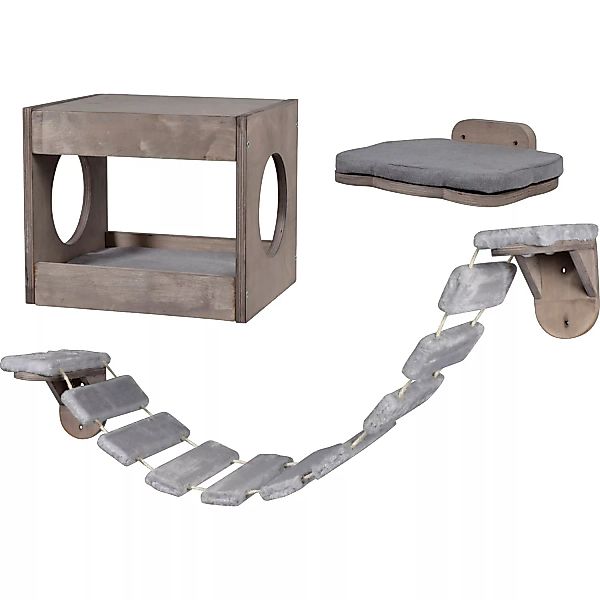 Dobar Holz-Katzenmöbel-Set 3-teilig mit Katzenhöhle, Katzenleiter und Katze günstig online kaufen