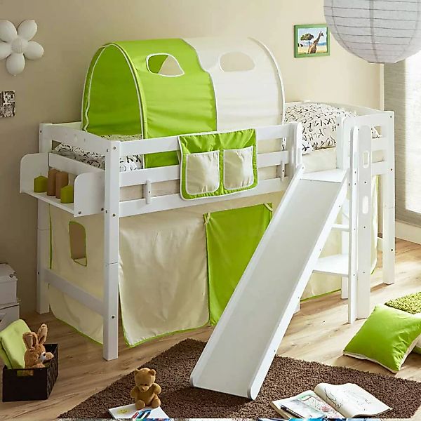 Halbhohes Bett für Kinderzimmer Rutsche und Vorhang in Hellgrün günstig online kaufen