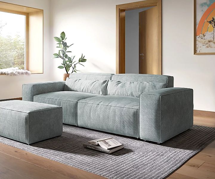 Big-Sofa Sirpio XL 270x130 cm Cord Pastellblau mit Hocker günstig online kaufen
