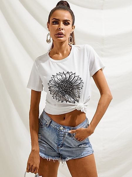 YOINS White Sunflower T-Shirt mit kurzen Ärmeln und Rundhalsausschnitt günstig online kaufen