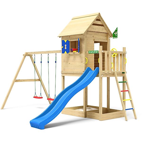 Jungle Gym Spielturm Holz Hideout mit Dach 2 Schaukeln Fensterl. Rutsche Bl günstig online kaufen