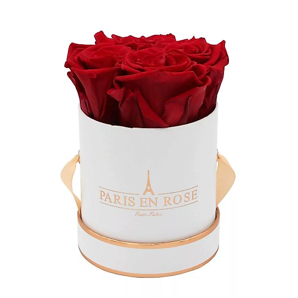 Rosenbox Ø 10 cm Weiß-Roségold mit 4 Bordeaux Rosen günstig online kaufen