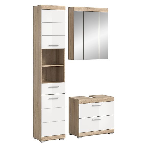 Badkombi Lambada m. Waschbeckenunterschrank Eiche Hell/Weiß Hochglanz 3-tlg günstig online kaufen
