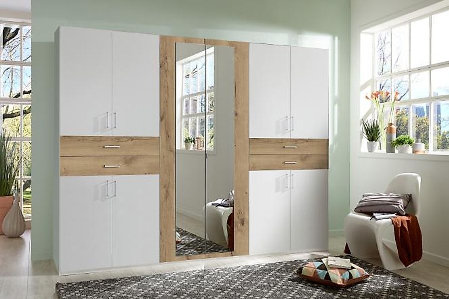 Kleiderschrank 270 cm breit mit Spiegel TAIGA Weiß / Braun günstig online kaufen