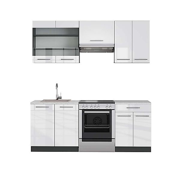 Vicco Fame-Line Küchenschränke Weiß Hochglanz/Anthrazit 200 cm AP Marmor günstig online kaufen