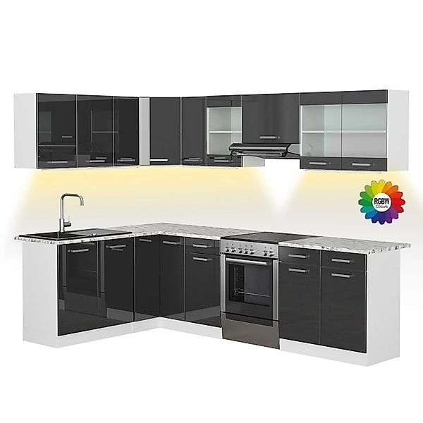 Vicco Rick Eckküche Weiß/Anthrazit Hochglanz 267 x 167 cm AP Marmor mit LED günstig online kaufen