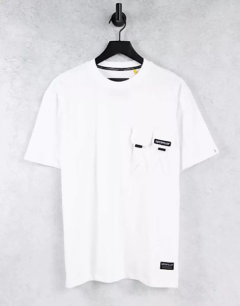 Caterpillar – T-Shirts mit zwei Taschen und Markenlogo in Weiß günstig online kaufen