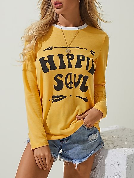 YOINS Gelbes T-Shirt mit Rundhalsausschnitt und Buchstabendruck günstig online kaufen