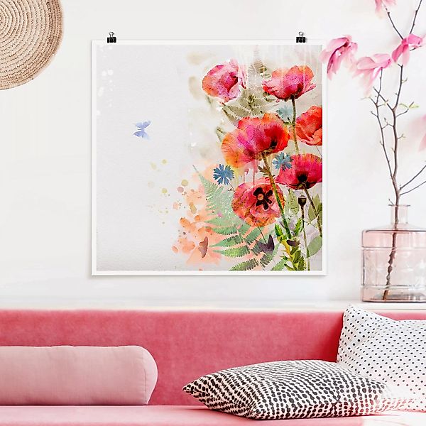 Poster - Quadrat Aquarell Blumen Mohn günstig online kaufen