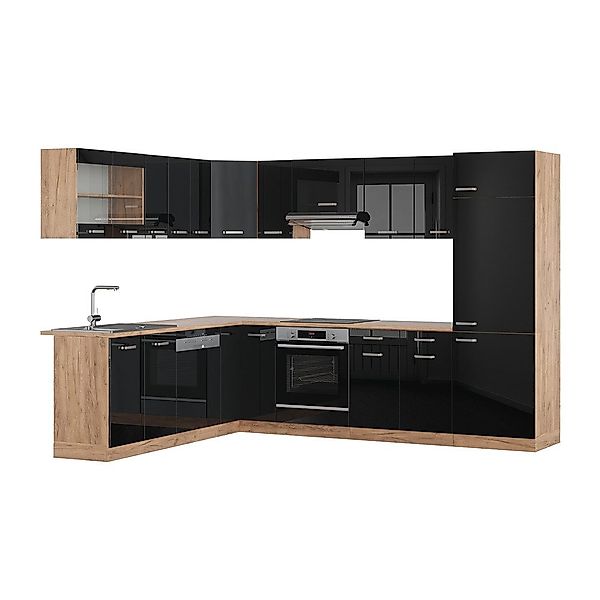 Vicco Winkelküche R-Line, Schwarz Hochglanz/Eiche, 227 günstig online kaufen