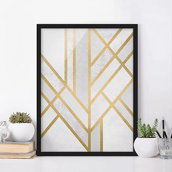 Bild mit Rahmen - Hochformat Art Deco Geometrie Weiß Gold günstig online kaufen