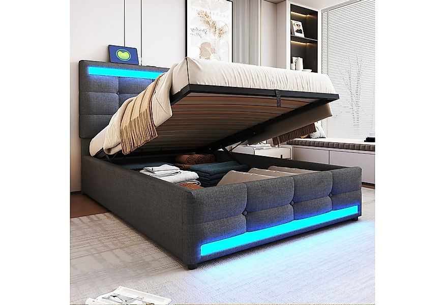 Flieks Polsterbett, LED Einzelbett Stauraumbett 2 USB-Anschluss 90x200cm Le günstig online kaufen