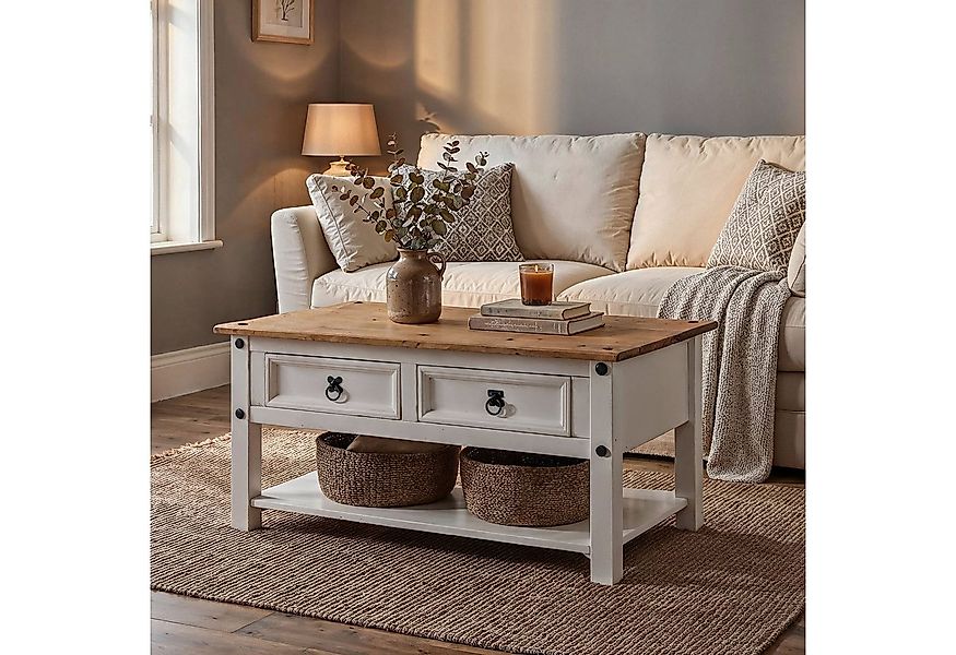 CARO-Möbel Couchtisch CAMPO, Sofatisch aus Kiefer Massivholz mit 2 Schublad günstig online kaufen