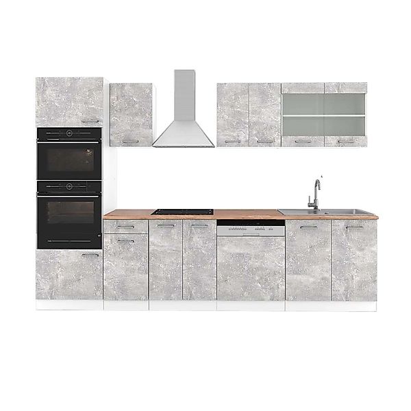 Vicco R-Line Küchenzeile Beton/Weiß 300 cm mit HochschrankAP Eiche günstig online kaufen