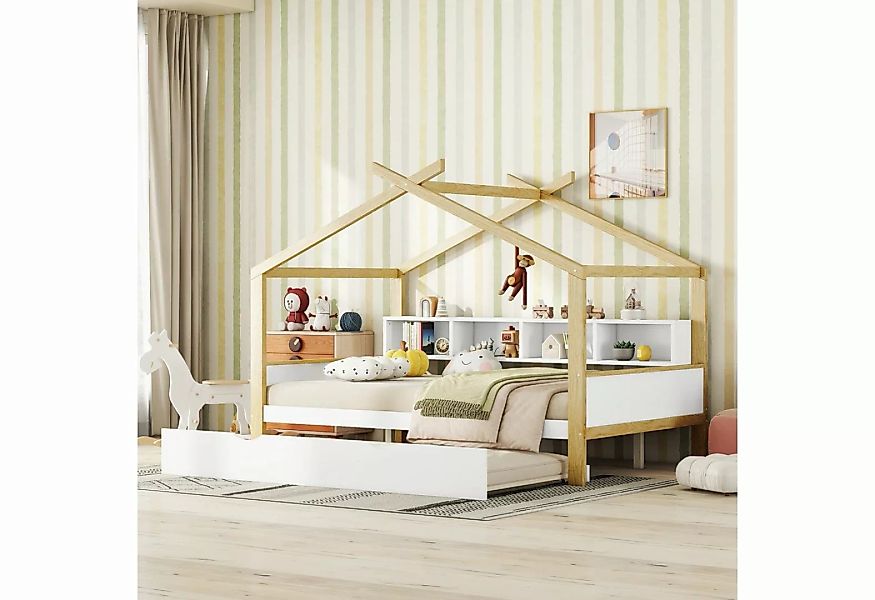 Flieks Kinderbett, Holzbett Hausbett 140x200cm mit Ausziehbett 90x180cm und günstig online kaufen