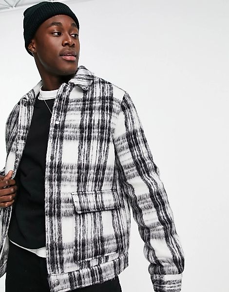Topman – Karierte Hemdjacke aus Wollmischung in Schwarz und Weiß günstig online kaufen