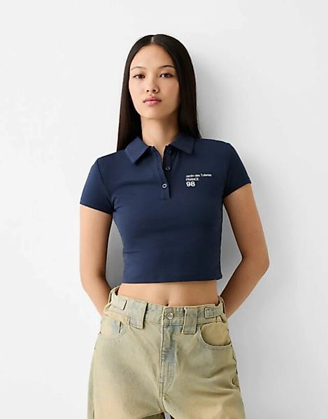 Bershka T-Shirt Mit Kurzen Ärmeln, Polo-Kragen Und Print Damen M Marinenbla günstig online kaufen
