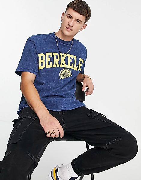 Topman – Oversize-T-Shirt in Blau mit „Berkeley“-Print günstig online kaufen