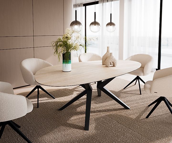 Esstisch Edge Oval 220x120 Keramik Laminam®Travertino Bianco Creme-Weiß? Ze günstig online kaufen