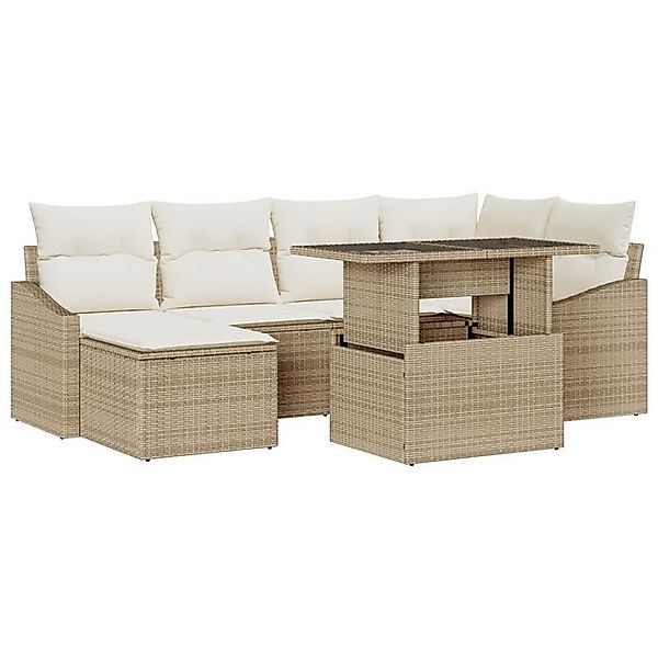 vidaXL Loungesofa 7-tlg. Garten-Sofagarnitur mit Kissen Beige Poly Rattan, günstig online kaufen