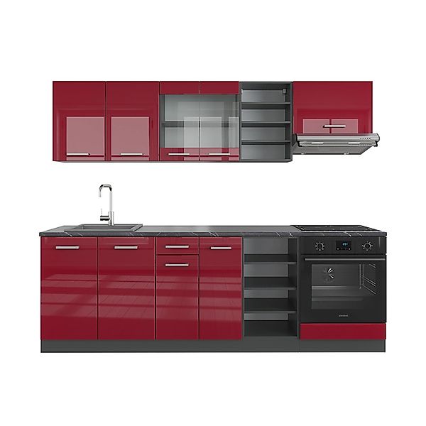 Vicco R-Line Küchenzeile Bordeaux Hochglanz/Anthrazit 240 cm AP Anthrazit günstig online kaufen
