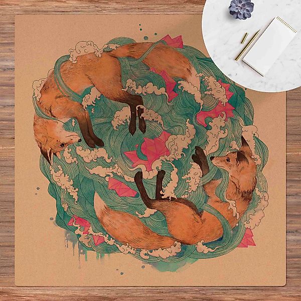 Kork-Teppich Illustration Füchse und Wellen Malerei günstig online kaufen