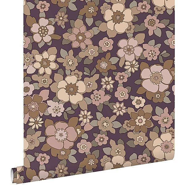 ESTAhome Tapete Retro Blumen Dunkelviolett und Beige 50 x 900 cm günstig online kaufen