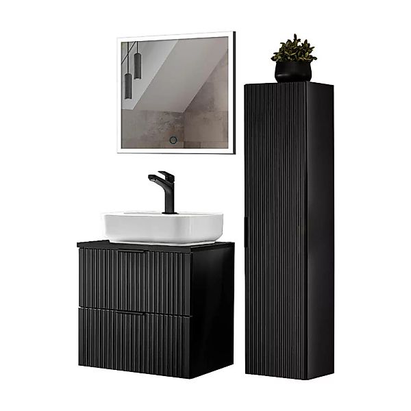 Badmöbel Set mit Keramik Waschbecken und LED Spiegel, matt schwarz mit geri günstig online kaufen