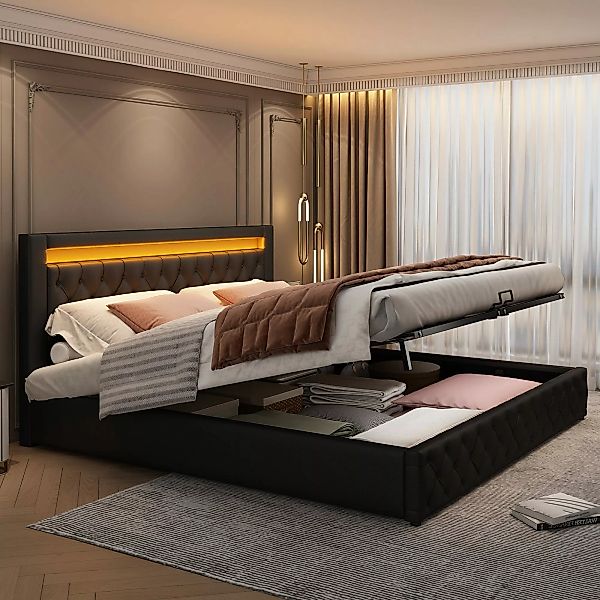Flieks Polsterbett, LED-Beleuchtung Kunstleder Doppelbett Stauraum günstig online kaufen