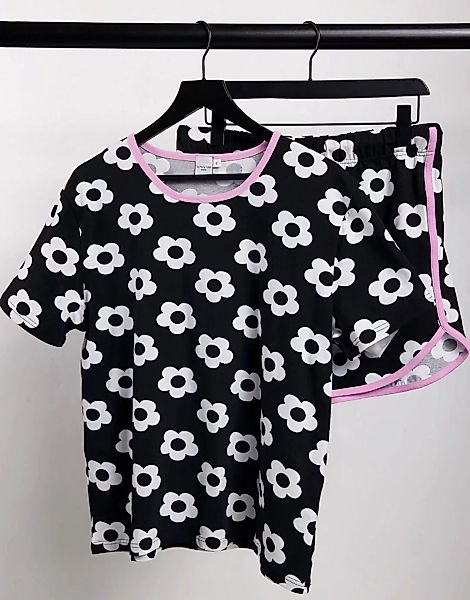 Skinnydip – Pyjama mit T-Shirt und Shorts mit Blümchenprint-Schwarz günstig online kaufen