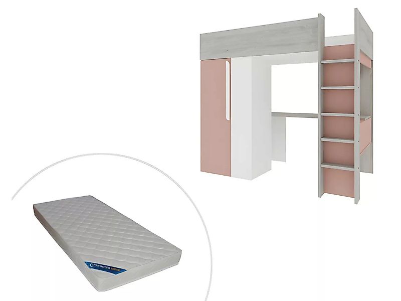 Hochbett mit Schreibtisch & Kleiderschrank  + Matratze - 90 x 200 cm - Rosa günstig online kaufen