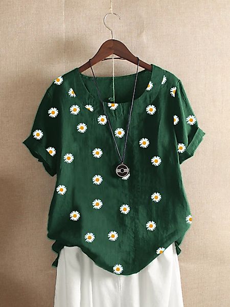 Gänseblümchen-Blumendruck-Kurzarm-T-Shirt mit O-Ausschnitt für Damen günstig online kaufen