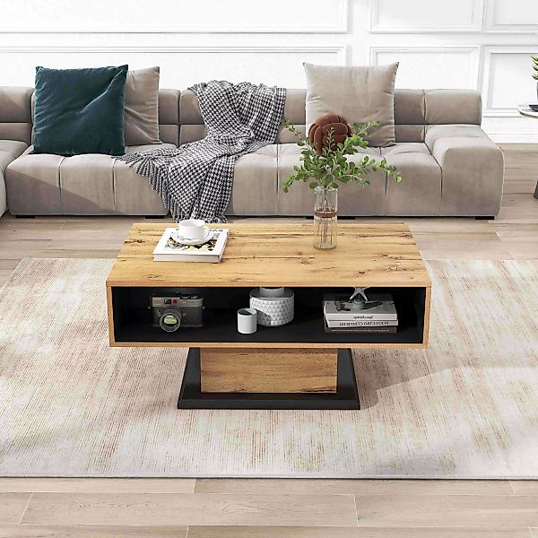 Couchtisch mit Holzmaserung, 100x60 cm, grifflose Schublade offener Bodenfa günstig online kaufen