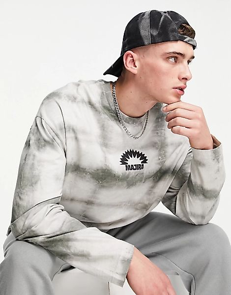 ASOS DESIGN – Langärmliges Oversize-Shirt in Grau mit Batikmuster und Print günstig online kaufen