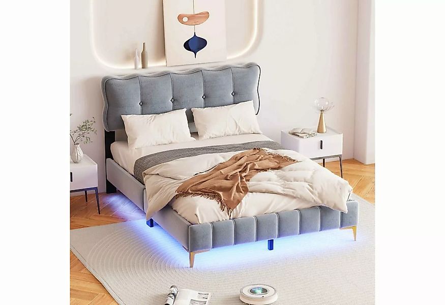 OKWISH Polsterbett mit LED-Leuchten mit Rückenlehne mit Lattenrost Samtstof günstig online kaufen