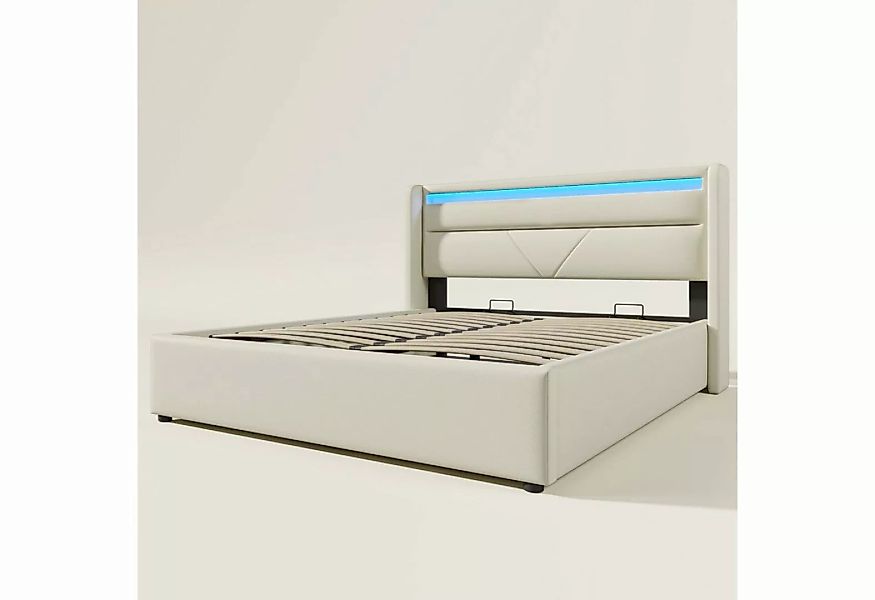GLIESE Polsterbett 160x200cm Doppelbett Stauraumbett mit LED-Beleuchtungsle günstig online kaufen