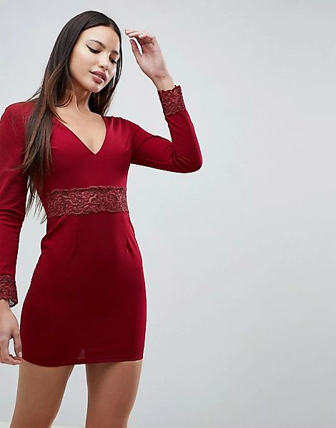 AX Paris – Langärmliges Kleid mit V-Ausschnitt und Spitzendetail-Rot günstig online kaufen
