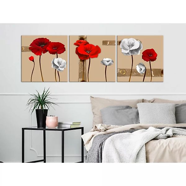 Wandbild Weiße, rote Mohnblumen - Triptychon mit Blumen auf braunem Hinterg günstig online kaufen