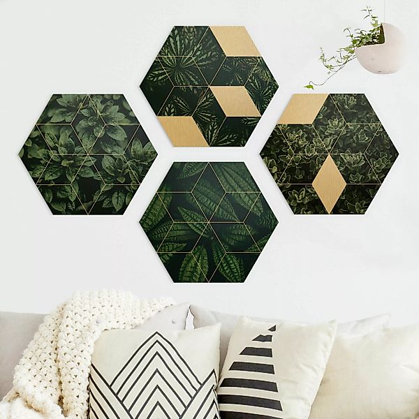 4-teiliges Hexagon-Alu-Dibond Bild Grüne Blätter Geometrie Set I günstig online kaufen