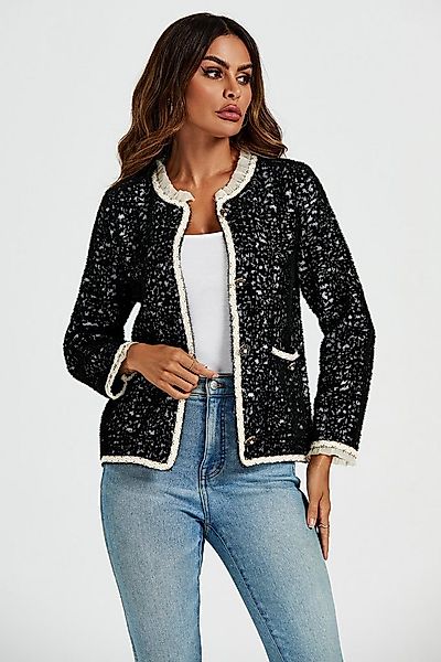 FS Collection Bouclèjacke Damen Bouclé-Jacke Kurzjacke mit Spitzenbesatz un günstig online kaufen
